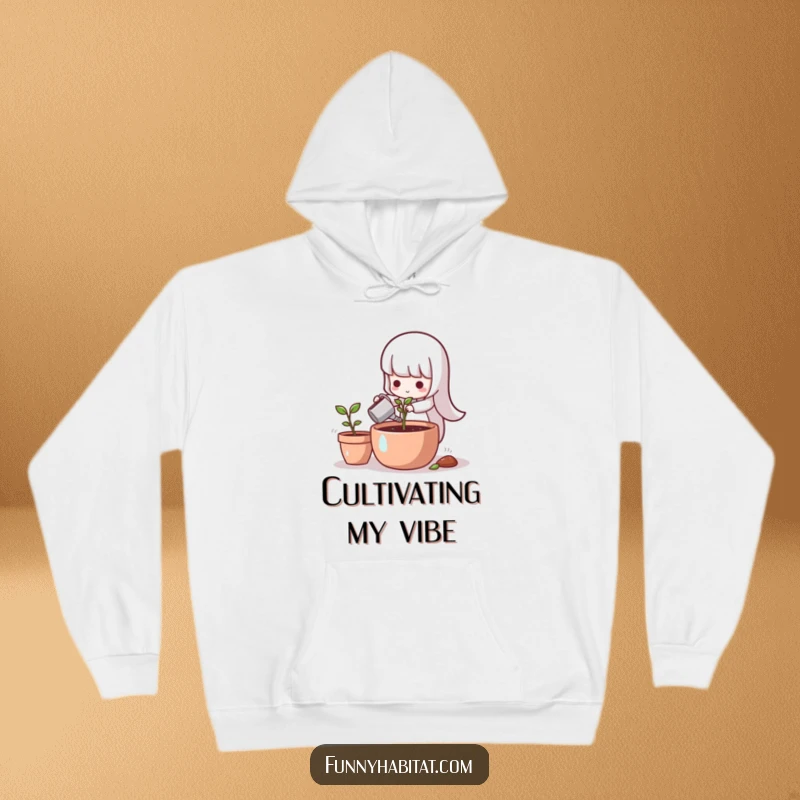 Funny cute character watering a small, healthy sprout in a pot, depicted on a soft hoodie.