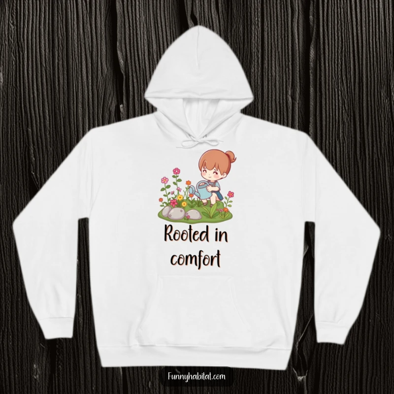 Funny hoodie featuring a character watering a vibrant miniature garden, offering cozy comfort and humorous garden appreciation.