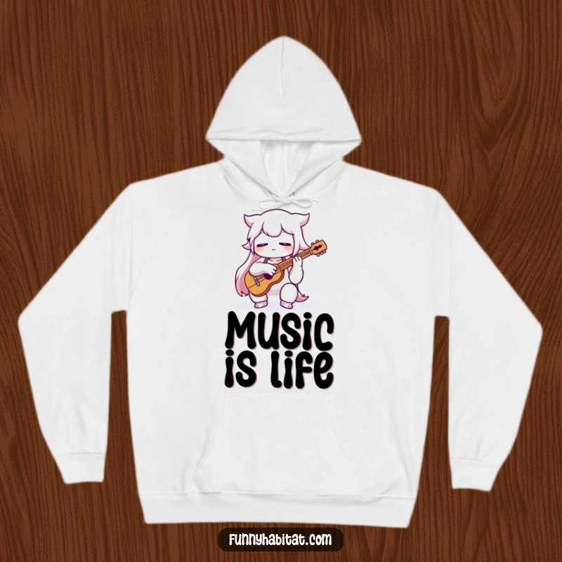 Funny music lover hoodie featuring a character playing an instrument with eyes closed, perfect for cozy practice sessions.