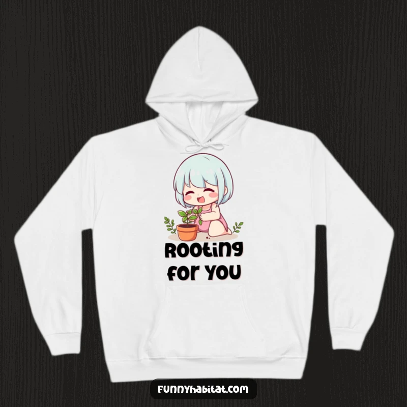 Funny hoodie with a cheerful character tending to a small potted plant, embodying care and growth.