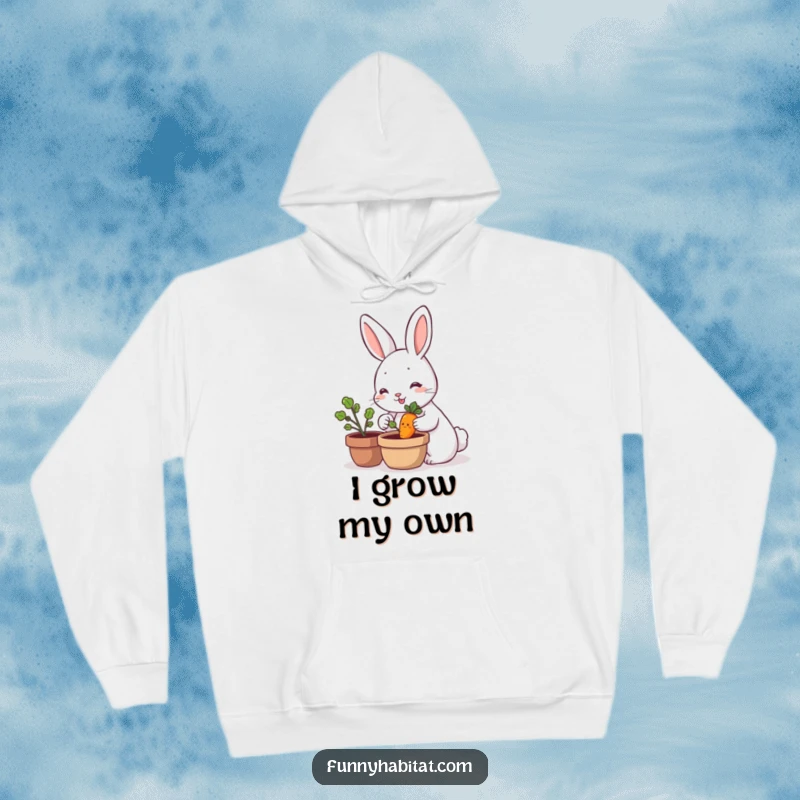 Funny rabbit character tending to a tiny, smiling carrot plant, comfortable and humorous gardening hoodie for chilly days.