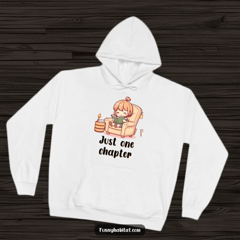 Funny hoodie depicting a character comfortably reading in an armchair, emphasizing the joy of quiet, cozy literary escape.