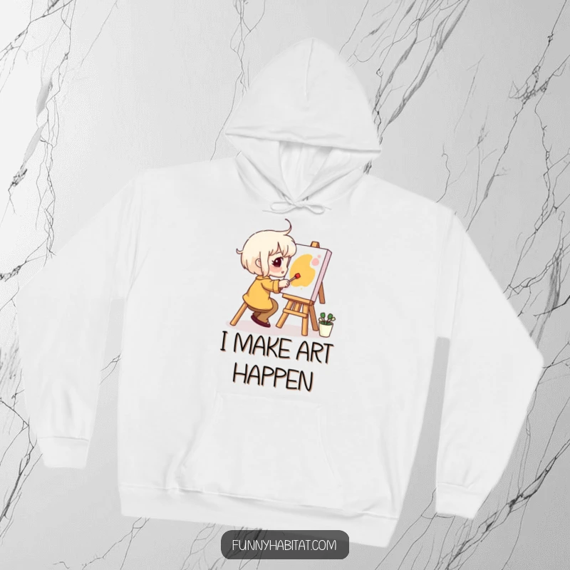 Funny Hoodie: A happy painter character is absorbed in creating art on a small canvas, radiating creative energy and warmth.