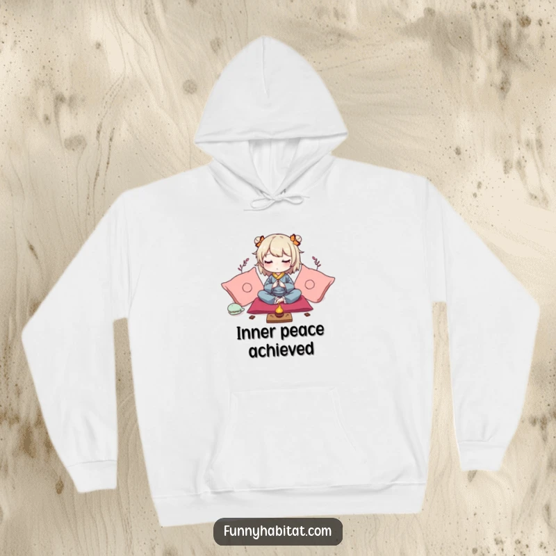 Funny hoodie depicting a peaceful character meditating amongst soft cushions and gentle incense, for relaxation.
