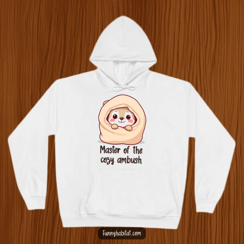 Funny Hoodie designed with a playful animal character peeking from behind a wonderfully cozy blanket, offering warmth and humor.