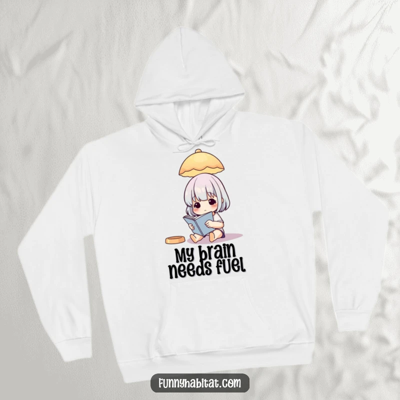 Funny Hoodie: Snug character lost in a book under a glowing illustrated lamp, the epitome of cozy.