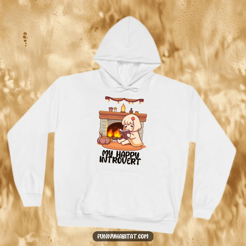 Funny character reading a book peacefully beside a warm, inviting fireplace on a soft hoodie.