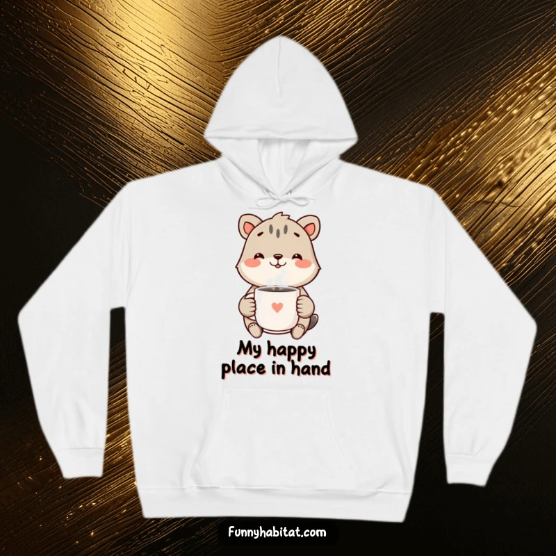 Funny Hoodie depicting a cheerful animal with a beaming smile, holding a steaming mug, perfect for staying warm and happy.