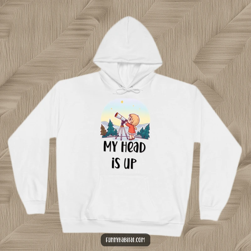 Funny hoodie with a character looking through a telescope with wonder, embracing the magic of stargazing and space exploration.
