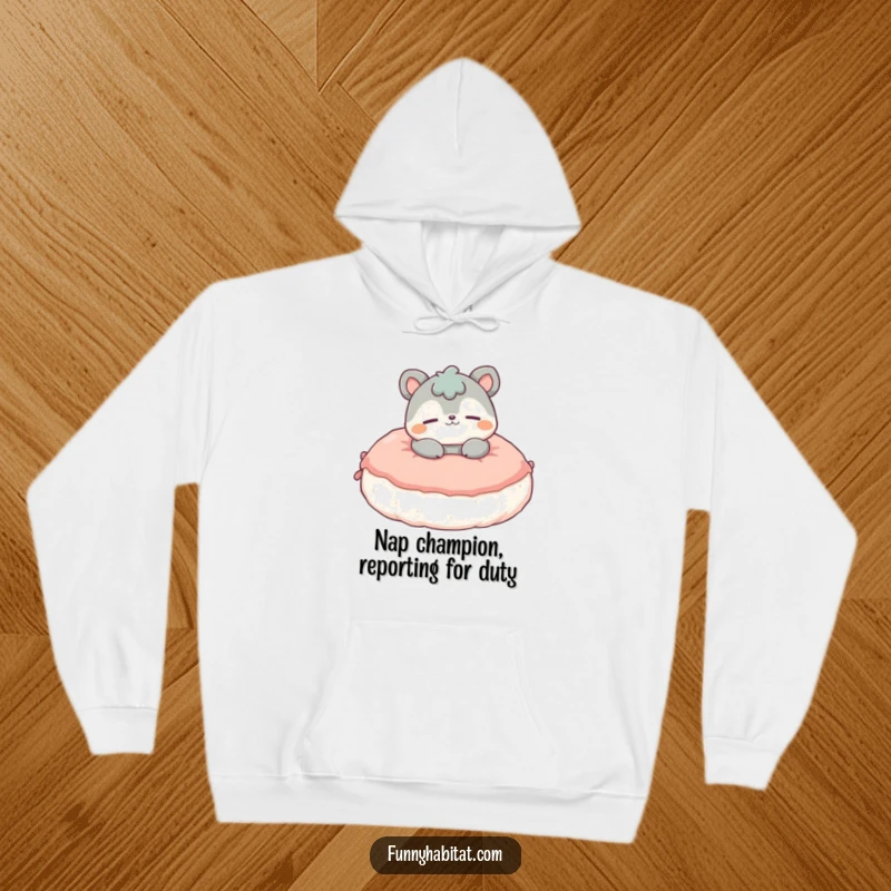 Funny Hoodie showcasing a contented animal character in a deep state of relaxation, lounging on an irresistibly fluffy cushion.