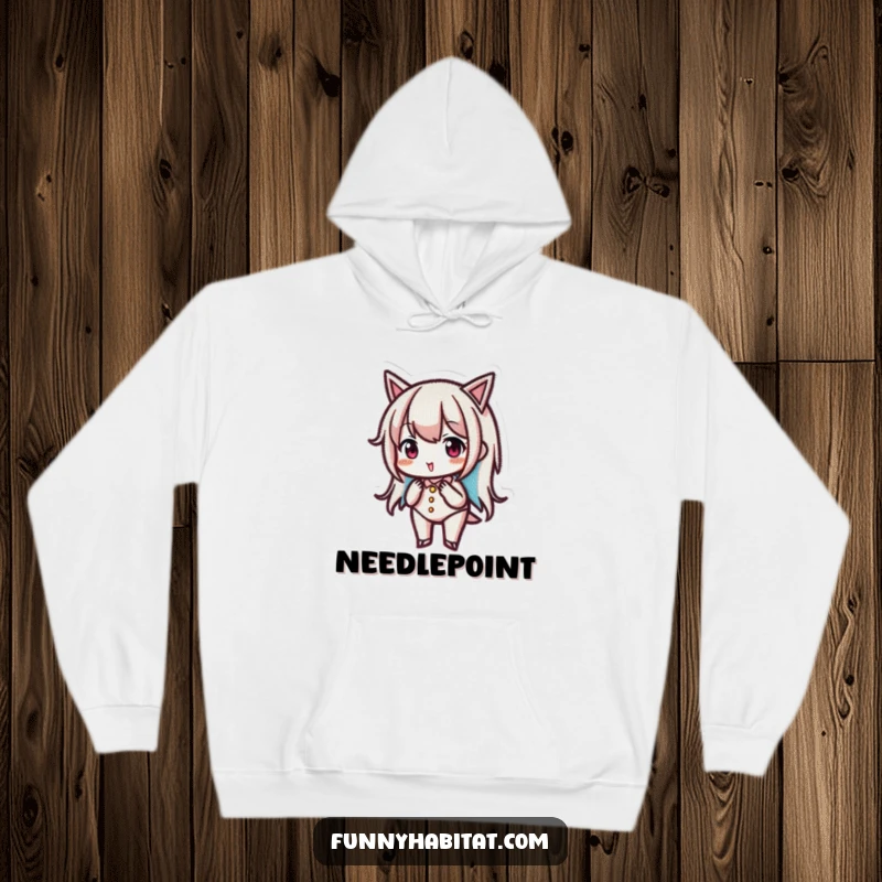 Funny embroidery hoodie with a character concentrating intensely on stitching a small, detailed pattern with focus and skill.