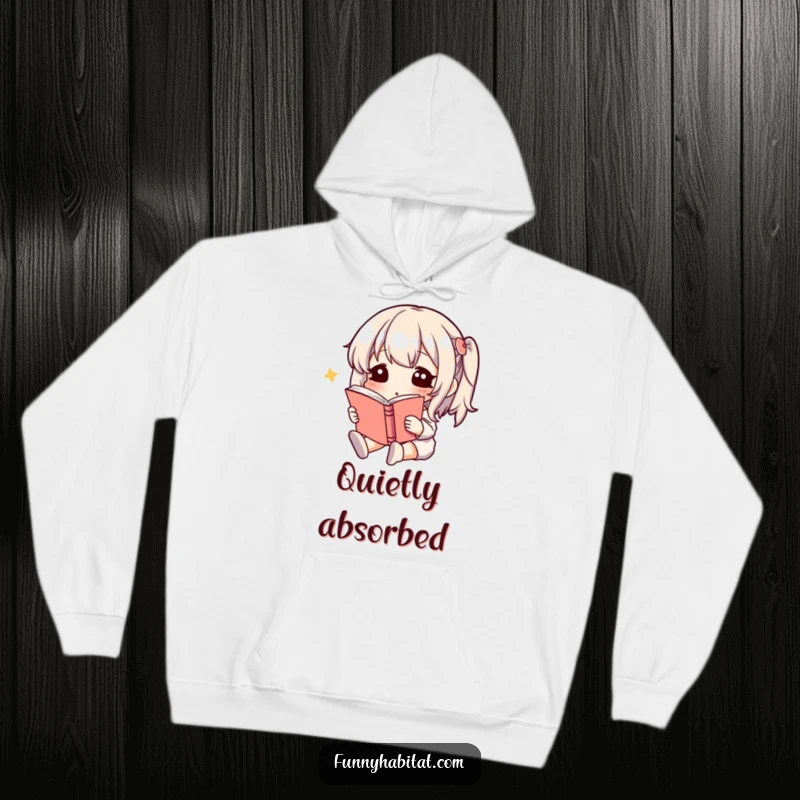 Funny Hoodie depicting a calm character nestled in comfort, deeply focused on reading a book, exuding cozy literary vibes.