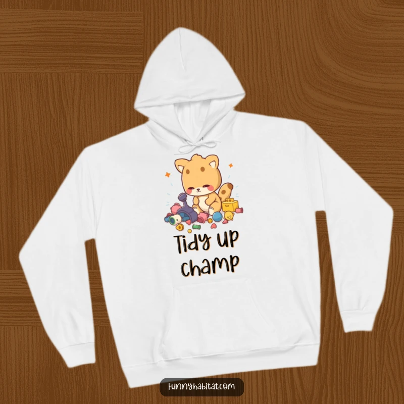 Funny hoodie featuring an energetic animal character tidying up toys, promoting comfort and neatness.
