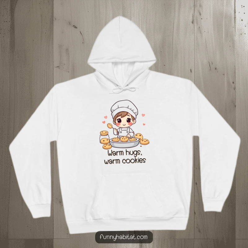 Funny hoodie featuring a happy baker character creating delicious cookies, filling the air with sweet, delightful aromas.