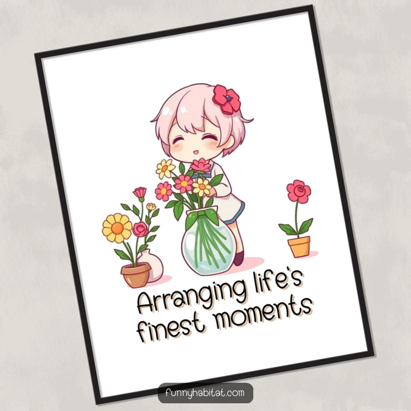 Funny free printable wall art: A character cheerfully arranges a stunning vase of colorful flowers, bringing vibrant, happy energy indoors.