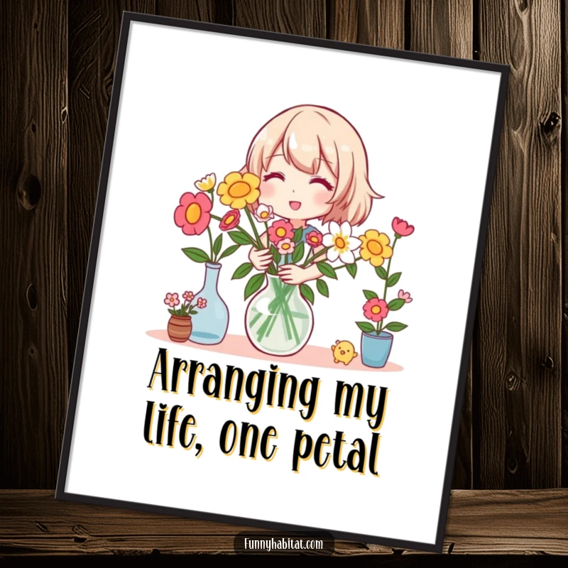 Funny free printable wall art: A joyful character happily arranging a beautiful bouquet of flowers in a decorative vase.