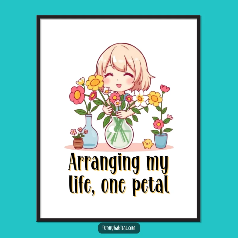 Free Printable Wall Art: Happy Flower Arranging Character, Funny Downloadable Art for Decor