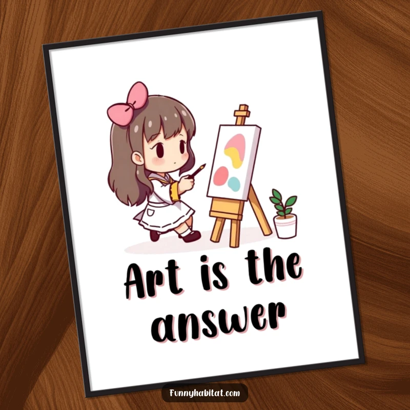 Funny Free Printable Wall Art: A character focused intently on painting a colorful picture on a small easel.