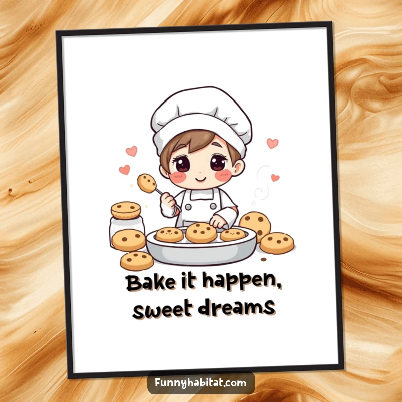 Funny Free Printable Wall Art showcasing a cheerful baker character with a tray of cookies, emanating lovely aromas.