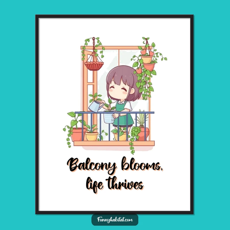 Free Printable Wall Art: Happy Balcony Gardener Scene, Lush Plants, Downloadable Decor