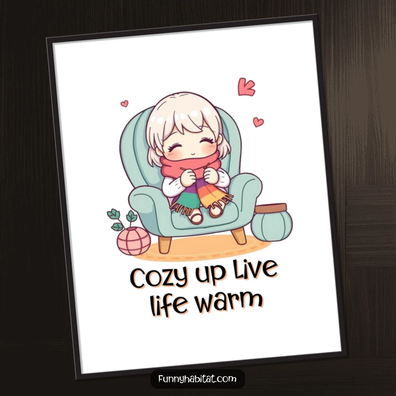 Funny Free Printable Wall Art: A cute character happily knitting a long, colorful scarf in a comfy armchair, radiating coziness.