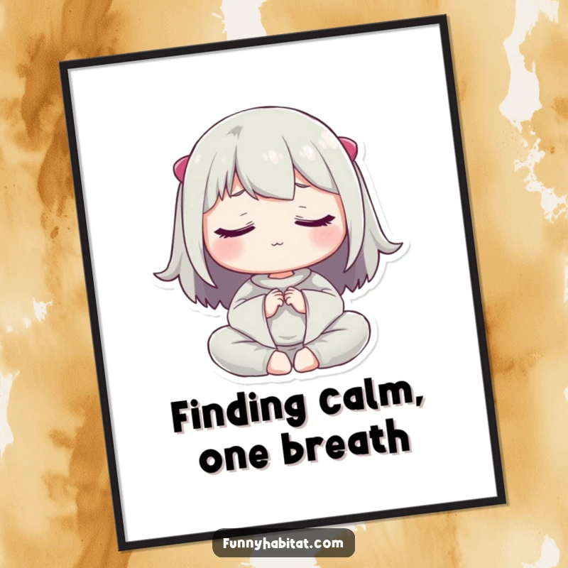 Funny Free Printable Wall Art: A character meditating peacefully with closed eyes, exuding tranquility, a charming downloadable art.