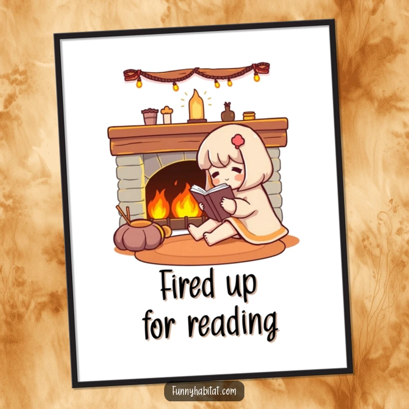 Funny Free Printable Wall Art: A cozy character reading a book by a glowing fireplace, creating a warm and inviting scene.