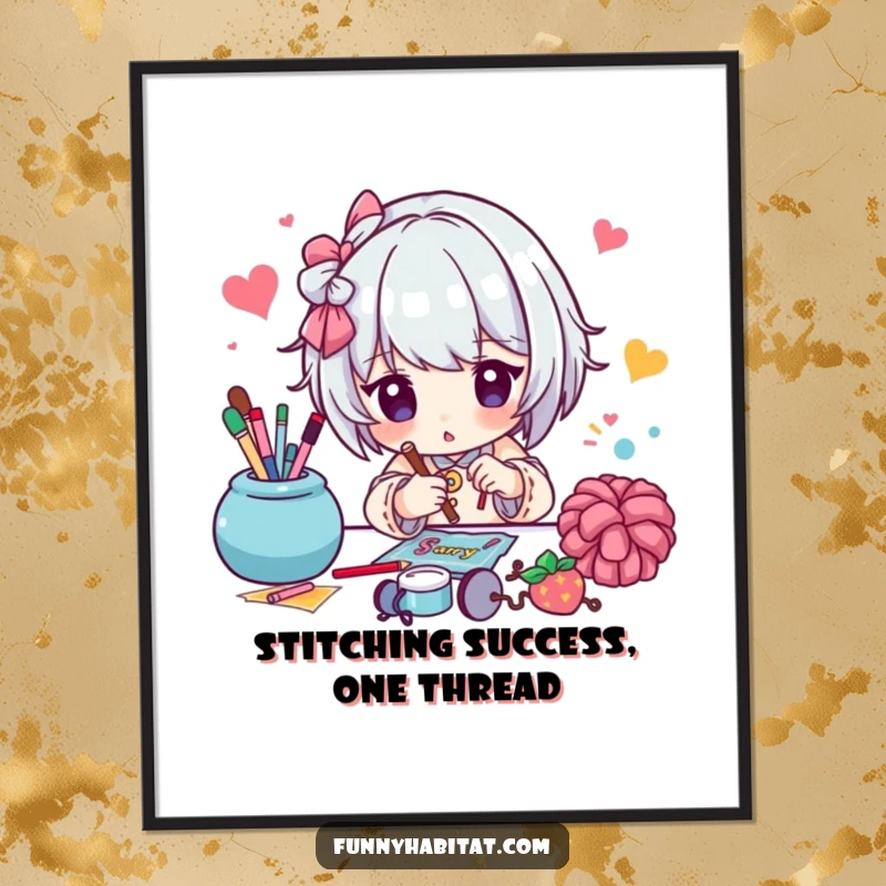 Funny Free Printable Wall Art: A character engrossed in a colorful craft project, full of creative energy, a charming downloadable art.