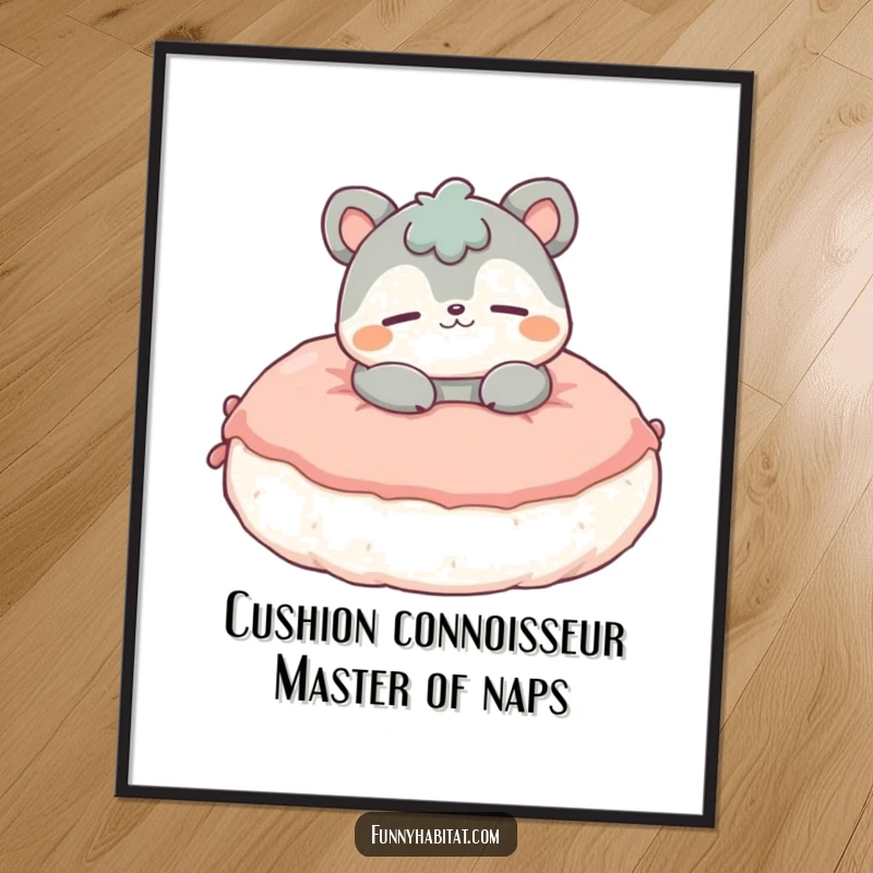 Funny free printable wall art depicting a contented animal character lounging luxuriously on a plush cushion, radiating pure, humorous relaxation.