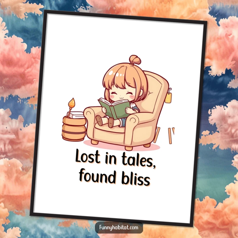 Funny Free Printable Wall Art: A character deeply engrossed in a book, seated comfortably in an armchair, charming downloadable art.