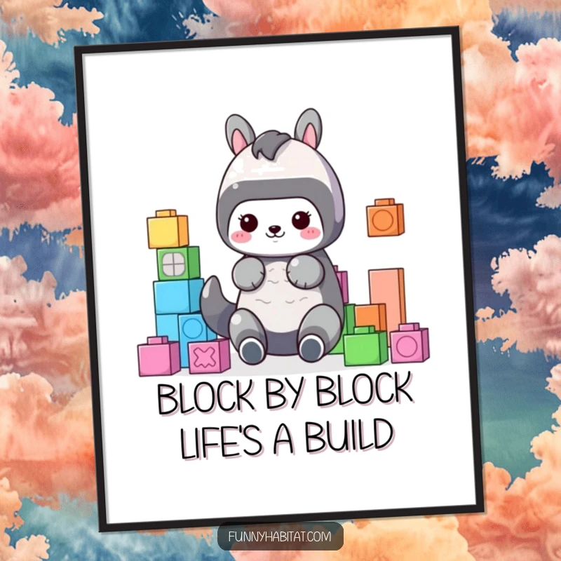 Funny free printable wall art of a cute animal character diligently organizing colorful building blocks, creating a playful and humorous scene.