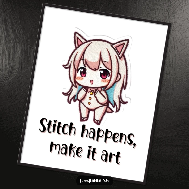 Funny Free Printable Wall Art: A character intensely embroiders a small, intricate, beautiful design with great concentration.