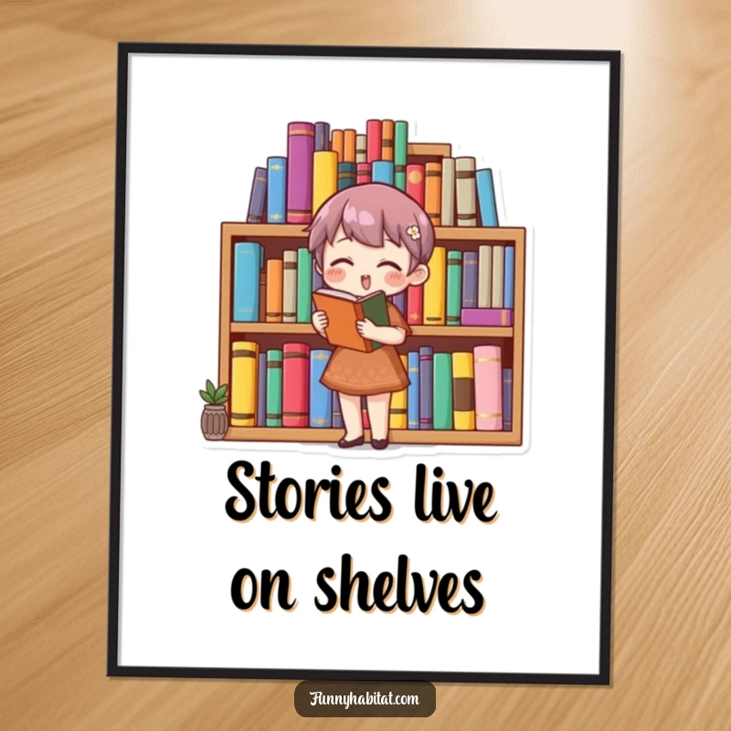 Funny Free Printable Wall Art depicting a character happily organizing a vibrant bookshelf, adding humorous literary charm to any room.