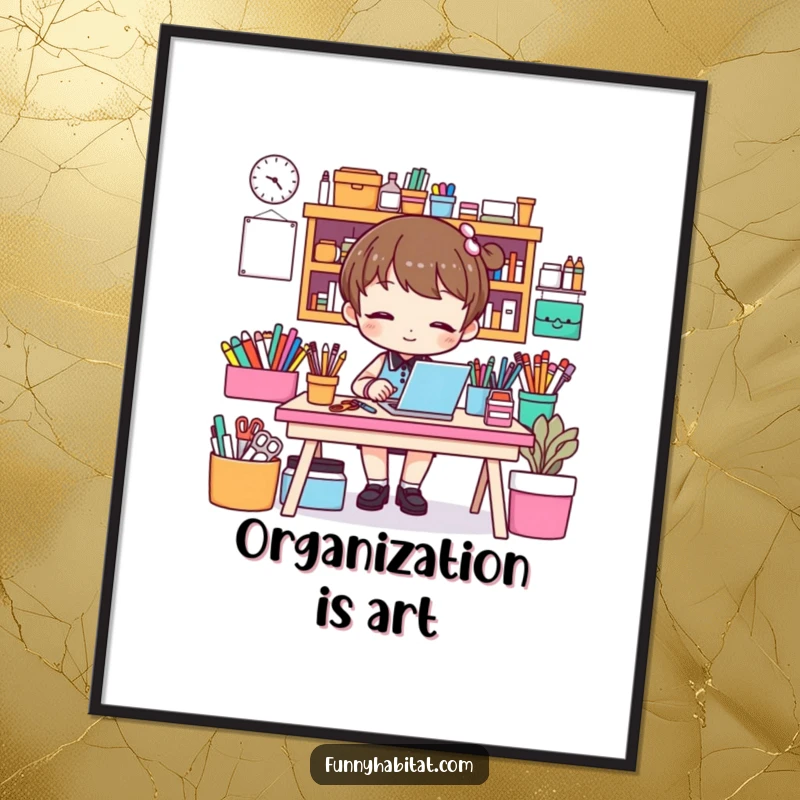 Funny Free Printable Wall Art: A character meticulously arranging colorful craft supplies on a desk, quirky downloadable decor.