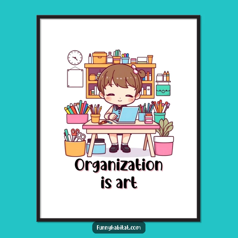 Free Printable Wall Art: Humorous Organized Craft Desk Scene, Quirky Downloadable Decor