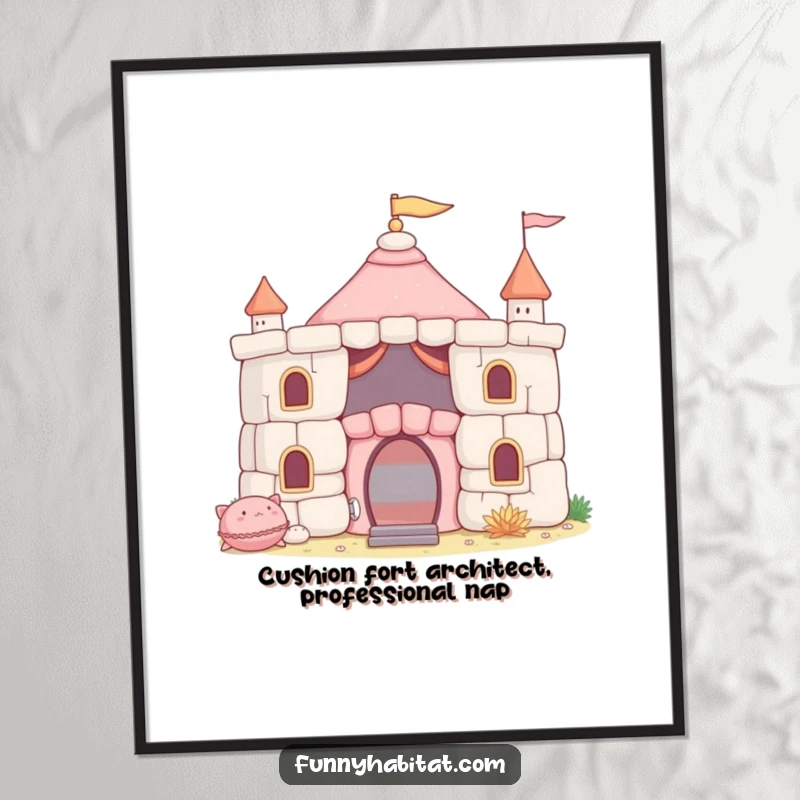 Funny Free Printable Wall Art of a character building a soft cushion fort, a playful and cozy downloadable art piece.