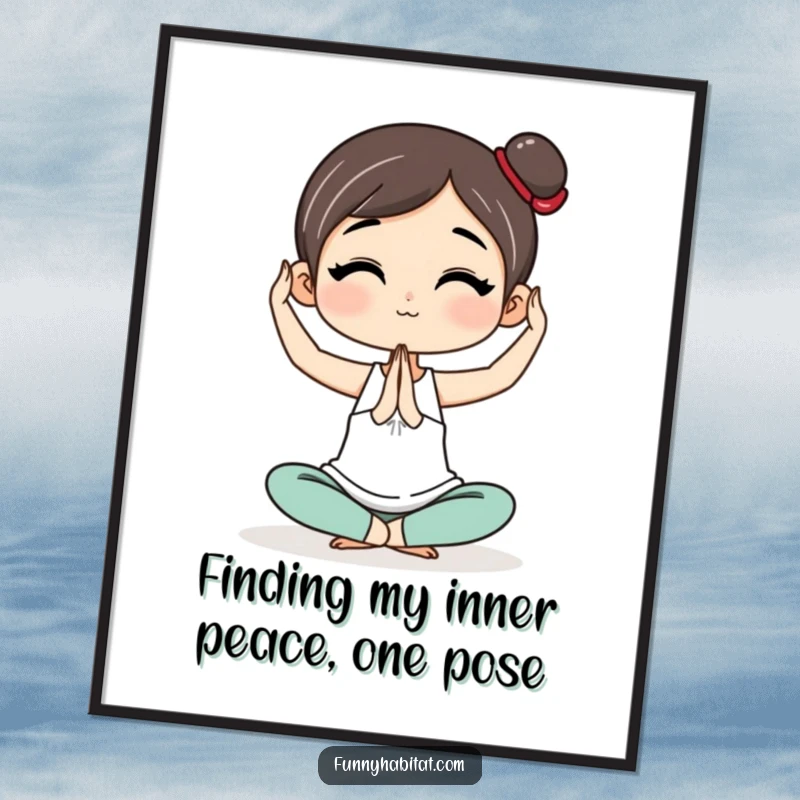 Funny Free Printable Wall Art depicting a character in a fluid yoga pose, a humorous and serene downloadable art piece.