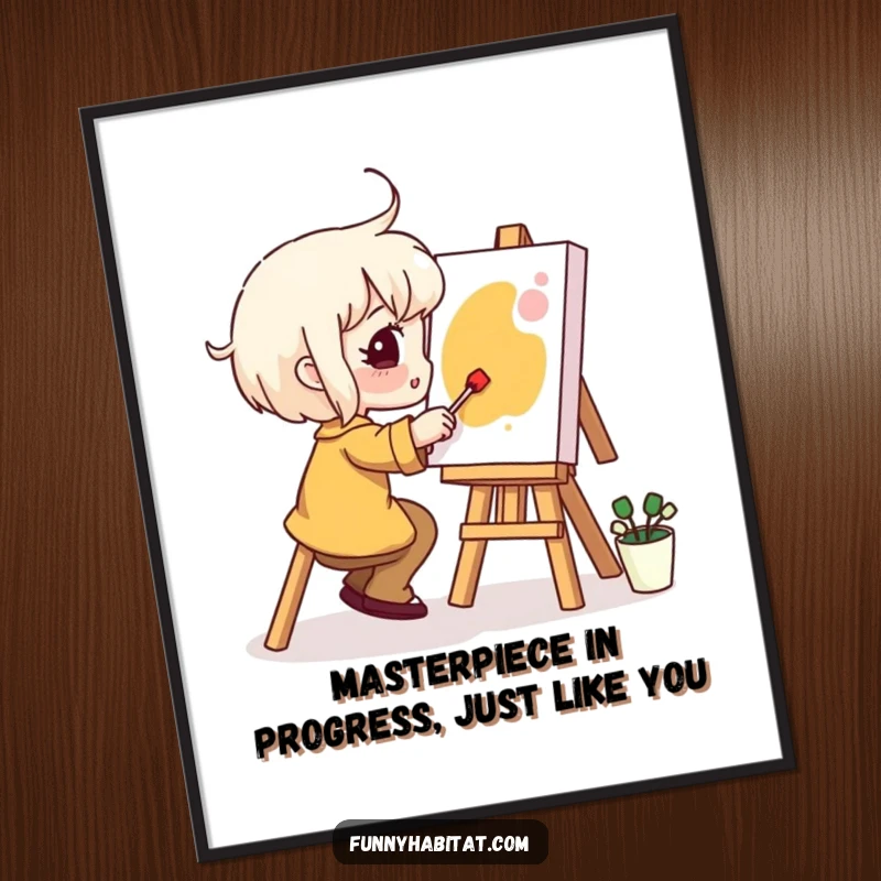 Funny free printable wall art: A whimsical artist character joyfully paints on a small canvas, embodying creative passion and lighthearted fun.