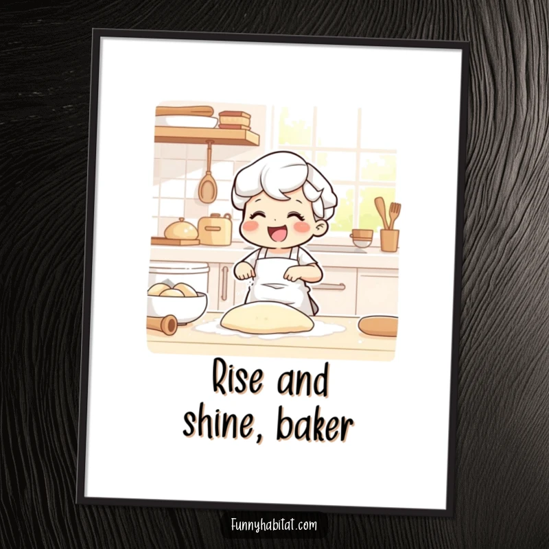 Funny Free Printable Wall Art: Character joyfully kneading dough in a sunlit kitchen, flour dusting apron, whimsical decor.