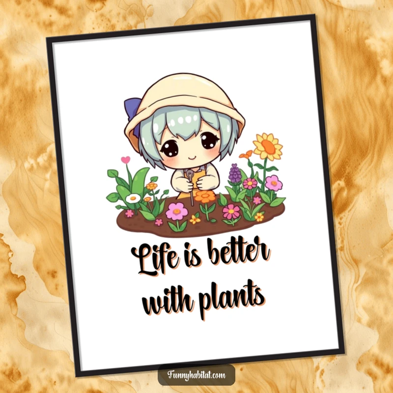 Funny Free Printable Wall Art: A cheerful character actively gardening a tiny, lush, and colorful plant display.