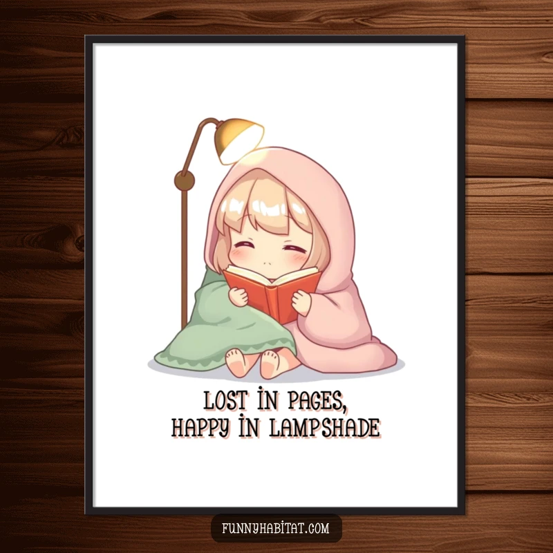 Funny Free Printable Wall Art: Cozy character nestled in a blanket, reading a book by soft lamplight, serene decor.