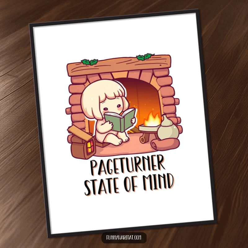 Funny Free Printable Wall Art: A character engrossed in a book by a warm, glowing fireplace. Downloadable comfort!