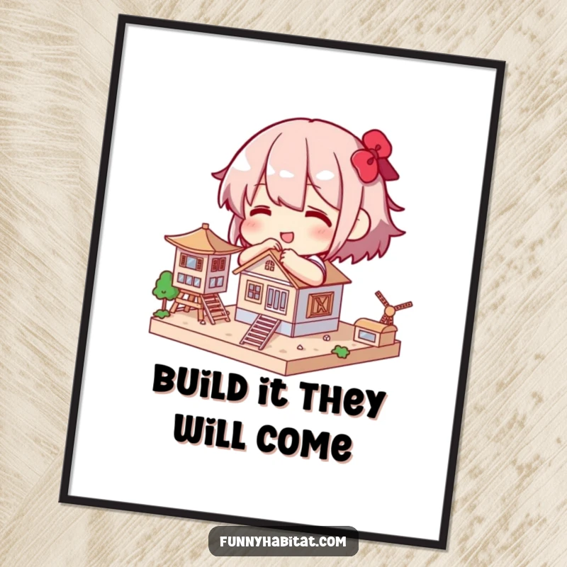 Funny Free Printable Wall Art: A character intently works on a small, detailed model structure, showcasing dedication and a playful spirit.