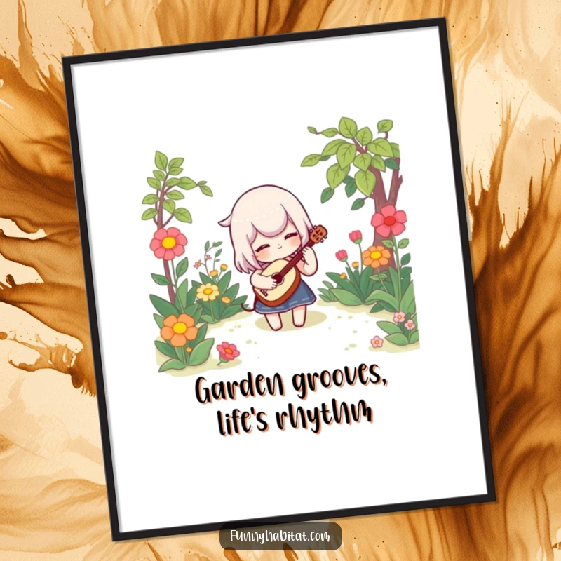 Funny Free Printable Wall Art: A character playing a ukulele in a lush garden, whimsical downloadable decor.