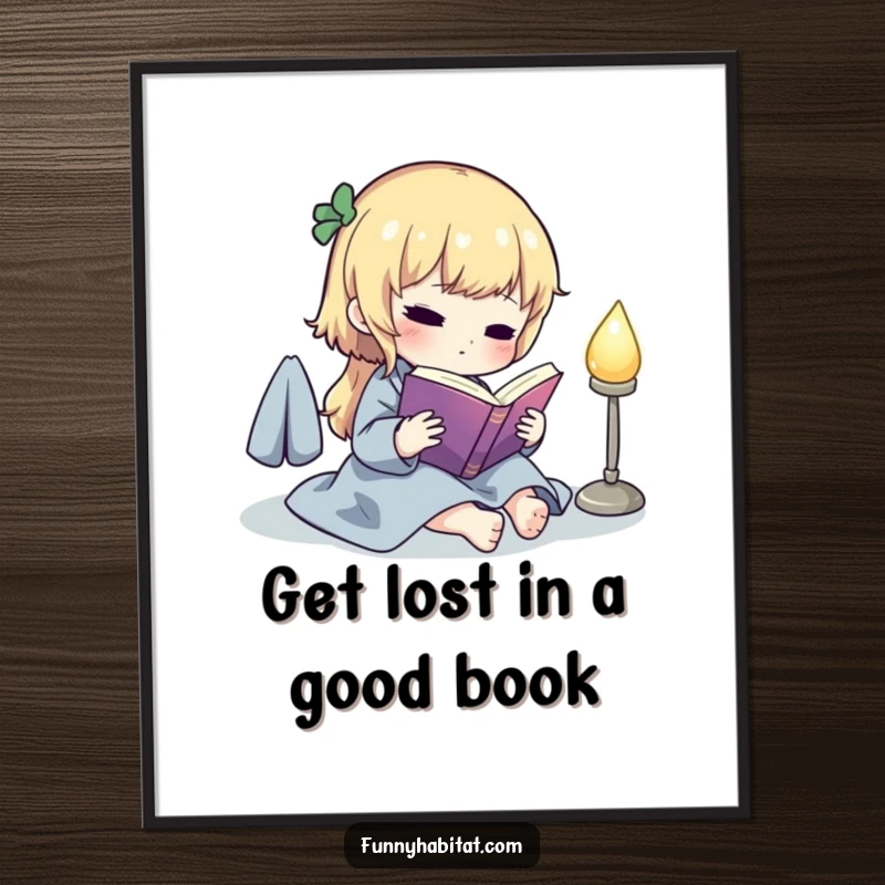 Funny Free Printable Wall Art: A cute character lost in a book by a glowing lamp, radiating peaceful, humorous vibes.