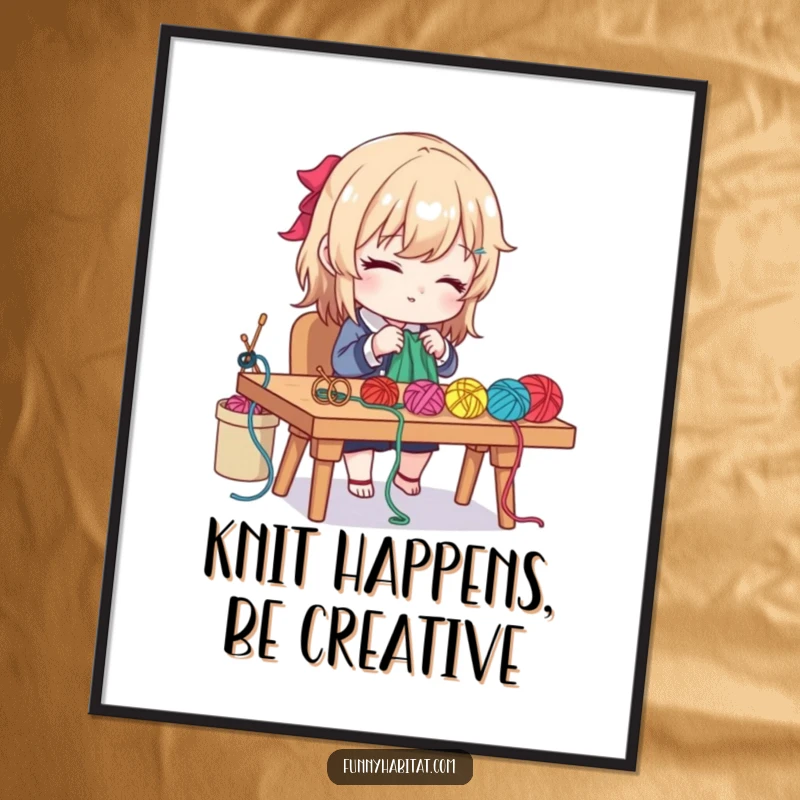 Funny Free Printable Wall Art: Character smiling while crafting with colorful yarn and needles at a desk, whimsical decor.