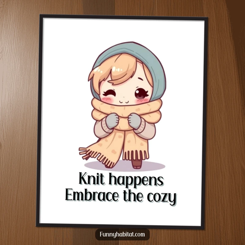 Funny Free Printable Wall Art: A character smiles contentedly while knitting a colorful, oversized scarf, bringing warmth to the viewer.