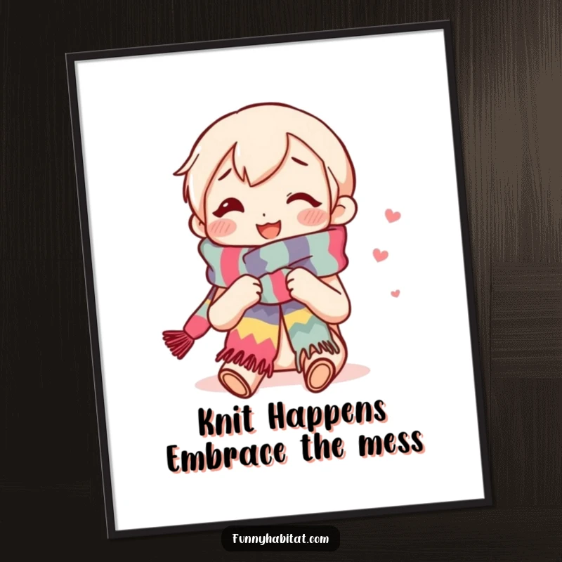 Funny free printable wall art: A serene character happily knitting a long, colorful scarf, radiating peaceful contentment.