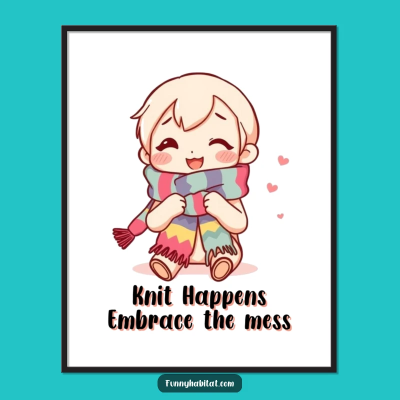 Free Printable Wall Art: Cozy Knitting Character, Smiling, Funny Downloadable Art for Home