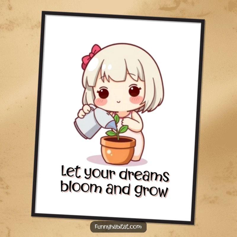 Funny Free Printable Wall Art of a cute character happily watering a small, flourishing potted plant.